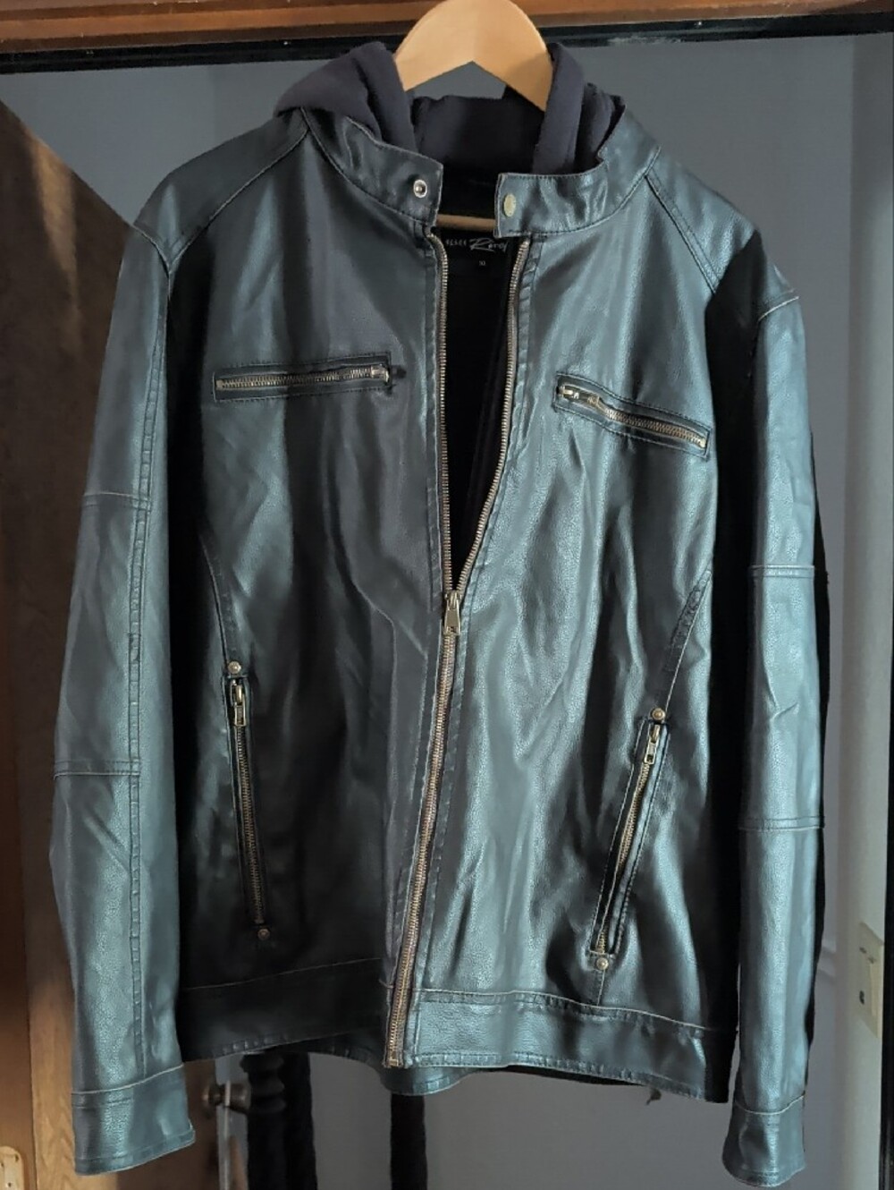 Black Rivet Men's Black Faux Leather Bomber with Hood